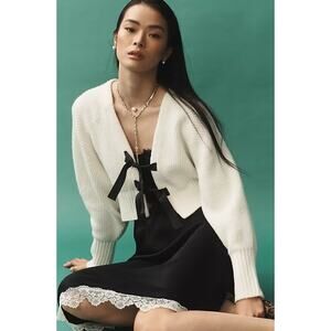 Anthropologie Rhea Bow-Front Crop Wool Blend Cardigan Sweater Ivory Size Medium